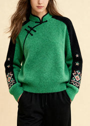 Fitted Colorblock Stand Collar Print Cotton Knit Sweater Fall