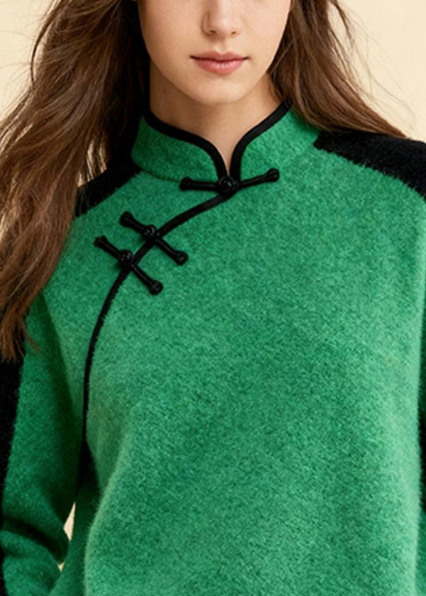 Fitted Colorblock Stand Collar Print Cotton Knit Sweater Fall