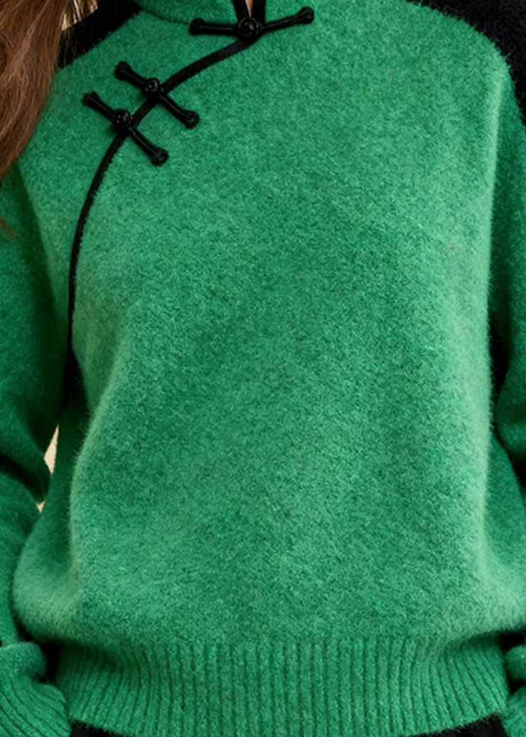 Fitted Colorblock Stand Collar Print Cotton Knit Sweater Fall