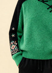 Fitted Colorblock Stand Collar Print Cotton Knit Sweater Fall