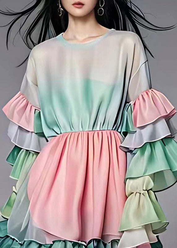 Fitted Gradient Color Wrinkled Patchwork Chiffon Mid Dresses Long Sleeve
