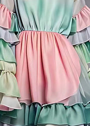 Fitted Gradient Color Wrinkled Patchwork Chiffon Mid Dresses Long Sleeve