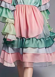 Fitted Gradient Color Wrinkled Patchwork Chiffon Mid Dresses Long Sleeve