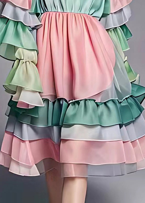 Fitted Gradient Color Wrinkled Patchwork Chiffon Mid Dresses Long Sleeve