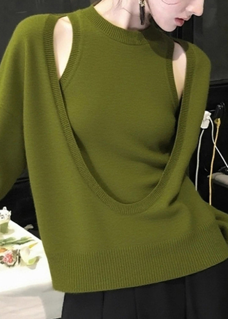 Fitted Green O-Neck Cotton Knit Top And Vest Two Piece Set Fall