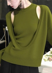 Fitted Green O-Neck Cotton Knit Top And Vest Two Piece Set Fall
