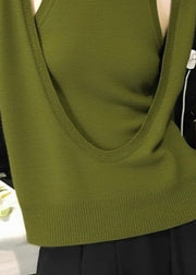 Fitted Green O-Neck Cotton Knit Top And Vest Two Piece Set Fall