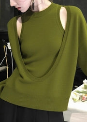 Fitted Green O-Neck Cotton Knit Top And Vest Two Piece Set Fall