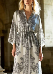 Fitted Grey Print Draping Silk Tunic Dresses Spring