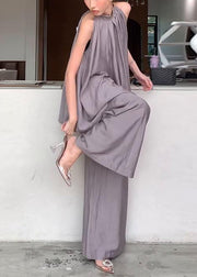 Fitted Grey Stand Collar Cold Shoulder Cotton Two Pieces Set Sleeveless