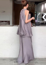 Fitted Grey Stand Collar Cold Shoulder Cotton Two Pieces Set Sleeveless