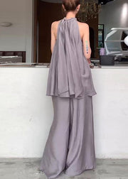 Fitted Grey Stand Collar Cold Shoulder Cotton Two Pieces Set Sleeveless