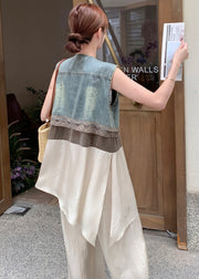 Fitted Khaki V Neck Patchwork Denim Two Pieces Set Sleeveless
