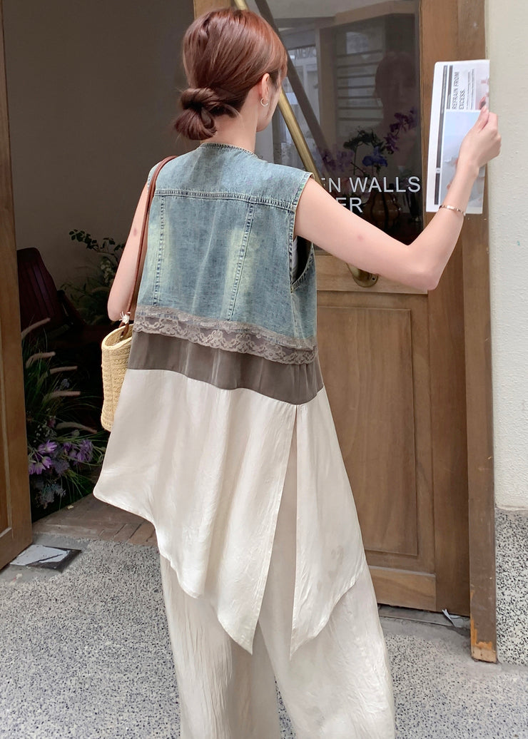 Fitted Khaki V Neck Patchwork Denim Two Pieces Set Sleeveless