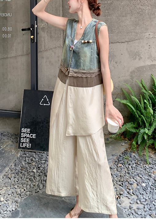 Fitted Khaki V Neck Patchwork Denim Two Pieces Set Sleeveless