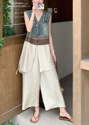 Fitted Khaki V Neck Patchwork Denim Two Pieces Set Sleeveless