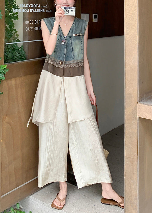 Fitted Khaki V Neck Patchwork Denim Two Pieces Set Sleeveless