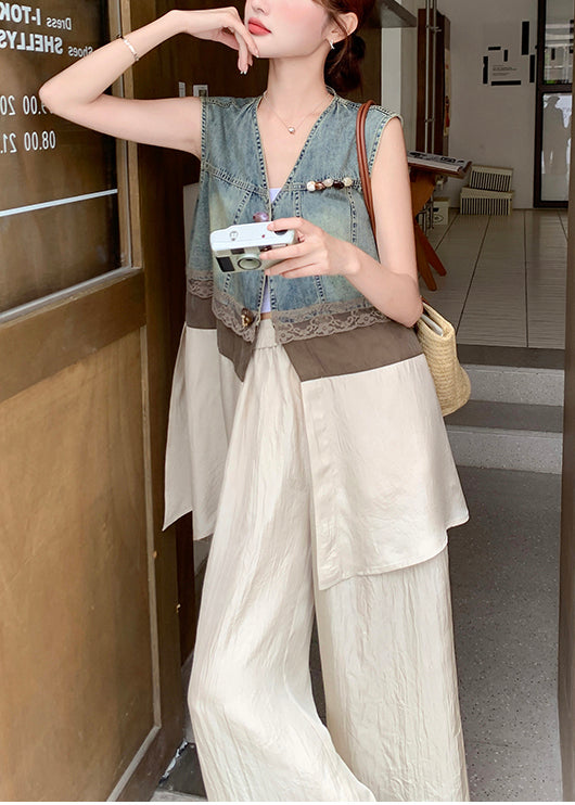 Fitted Khaki V Neck Patchwork Denim Two Pieces Set Sleeveless