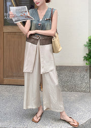 Fitted Khaki V Neck Patchwork Denim Two Pieces Set Sleeveless