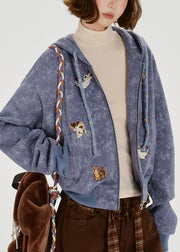Fitted Lavender Embroidered Animal Cotton Hooded Jacket Spring