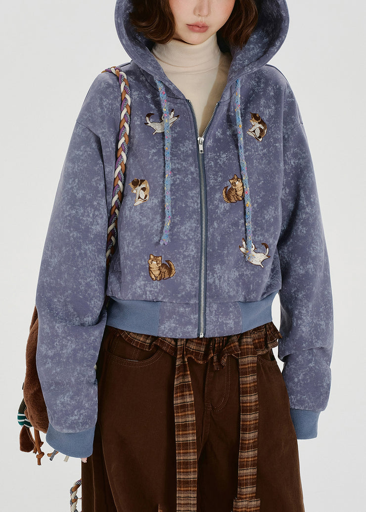 Fitted Lavender Embroidered Animal Cotton Hooded Jacket Spring