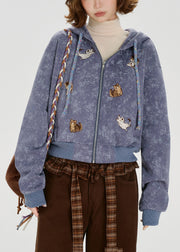 Fitted Lavender Embroidered Animal Cotton Hooded Jacket Spring