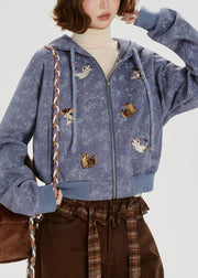 Fitted Lavender Embroidered Animal Cotton Hooded Jacket Spring