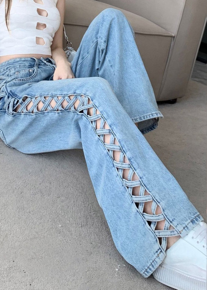 Fitted Light Blue High Waist Hollow Out Wide Leg Jeans Fall