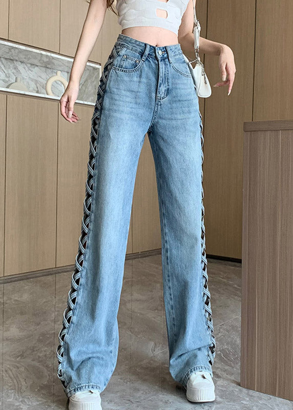 Fitted Light Blue High Waist Hollow Out Wide Leg Jeans Fall
