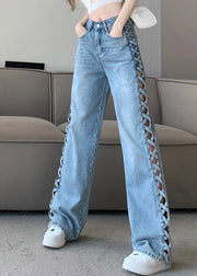 Fitted Light Blue High Waist Hollow Out Wide Leg Jeans Fall