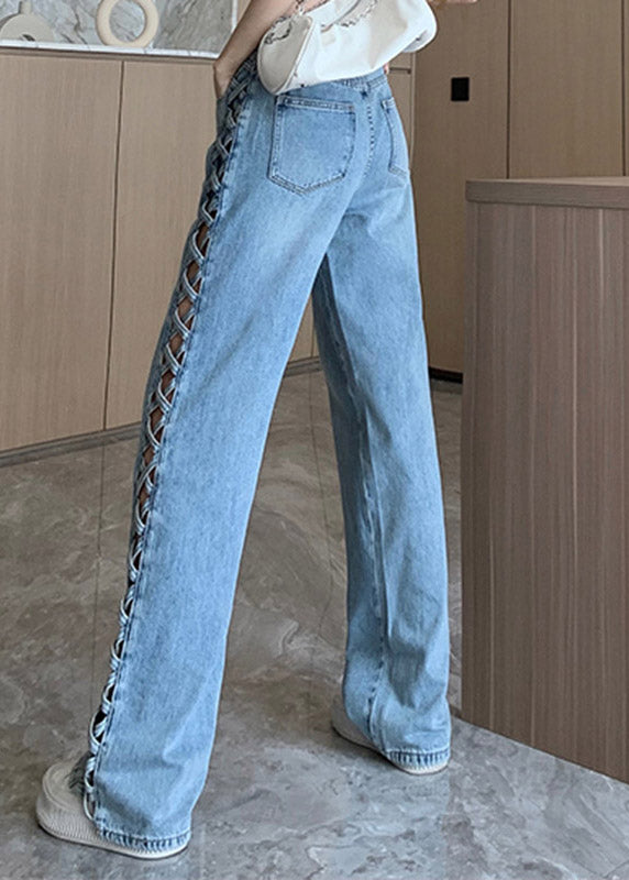 Fitted Light Blue High Waist Hollow Out Wide Leg Jeans Fall