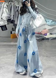 Fitted Light Blue Oversized Floral Denim Wide Leg Pants Fall