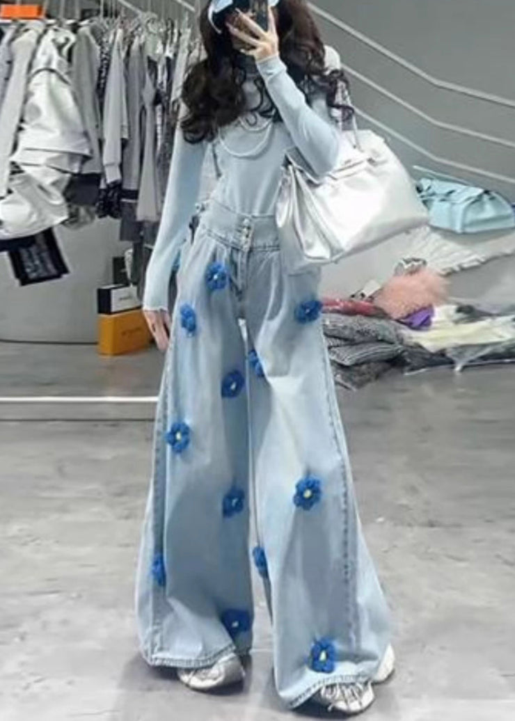 Fitted Light Blue Oversized Floral Denim Wide Leg Pants Fall