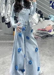 Fitted Light Blue Oversized Floral Denim Wide Leg Pants Fall