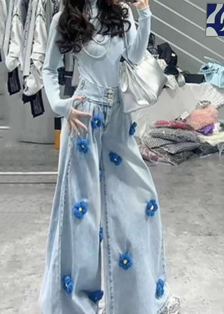 Fitted Light Blue Oversized Floral Denim Wide Leg Pants Fall