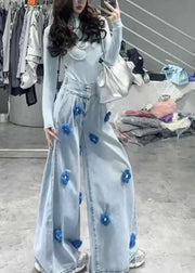 Fitted Light Blue Oversized Floral Denim Wide Leg Pants Fall