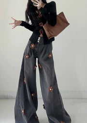 Fitted Light Blue Oversized Floral Denim Wide Leg Pants Fall