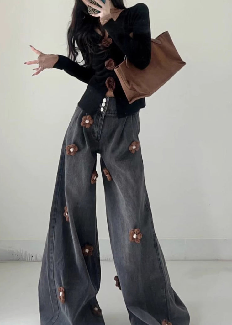 Fitted Light Blue Oversized Floral Denim Wide Leg Pants Fall