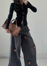 Fitted Light Blue Oversized Floral Denim Wide Leg Pants Fall