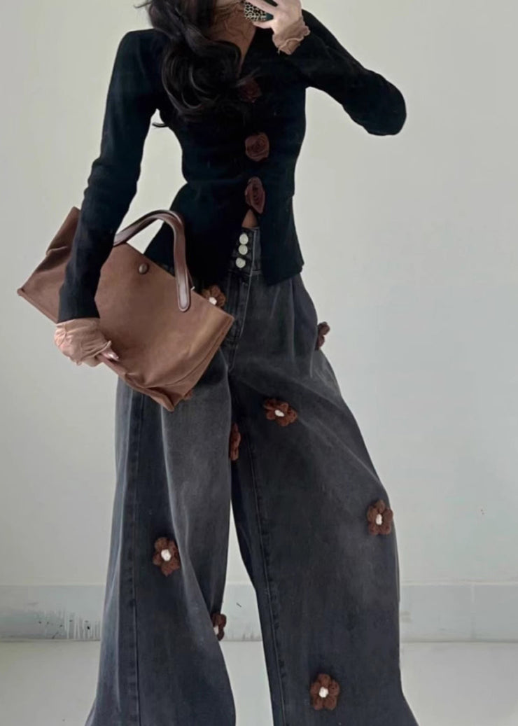 Fitted Light Blue Oversized Floral Denim Wide Leg Pants Fall
