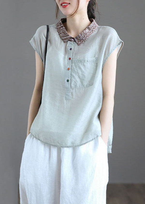Fitted Light Blue Peter Pan Collar Pockets Patchwork Linen Blouse Tops Summer