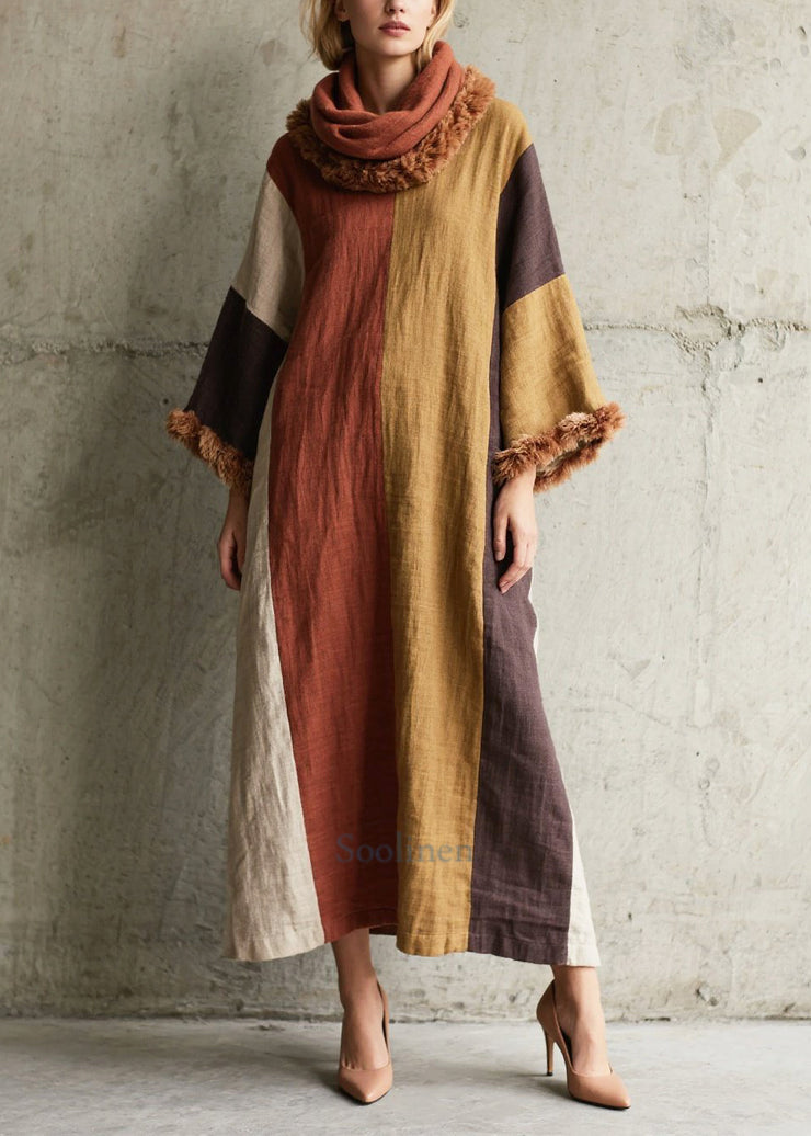 Fitted Multicolor Oversized Patchwork Faux Fur Holiday Dress Fall