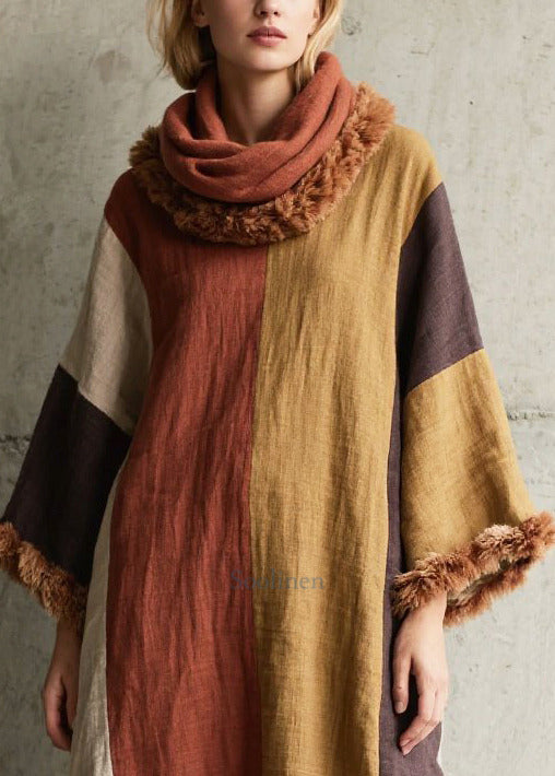 Fitted Multicolor Oversized Patchwork Faux Fur Holiday Dress Fall