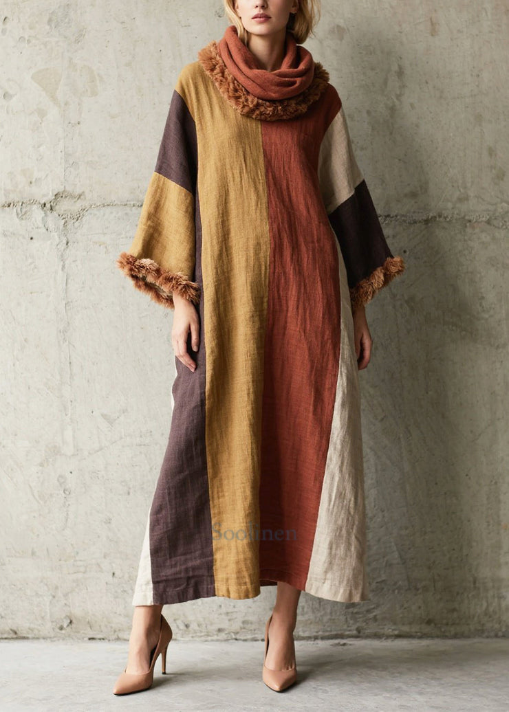 Fitted Multicolor Oversized Patchwork Faux Fur Holiday Dress Fall