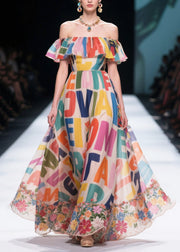 Fitted Multicolour Letter Print Exra Large Hem Chiffon Strapless Dress Summer