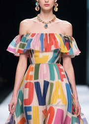 Fitted Multicolour Letter Print Exra Large Hem Chiffon Strapless Dress Summer