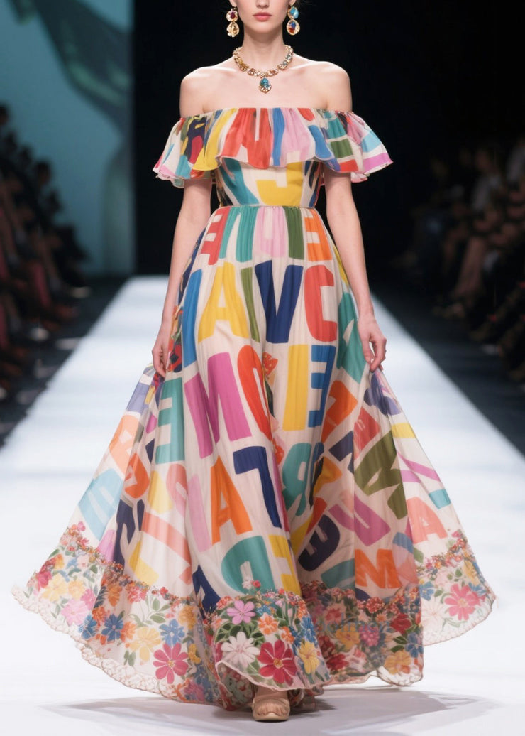 Fitted Multicolour Letter Print Exra Large Hem Chiffon Strapless Dress Summer