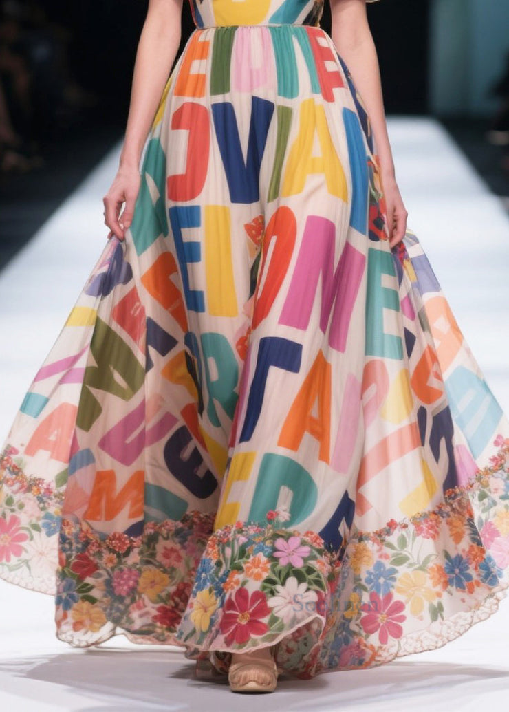 Fitted Multicolour Letter Print Exra Large Hem Chiffon Strapless Dress Summer