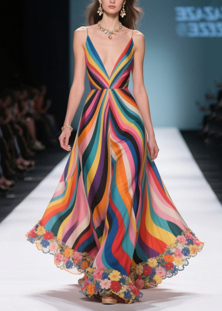 Fitted Multicolour Striped Patchwork Flower Chiffon Beach Dresses Summer