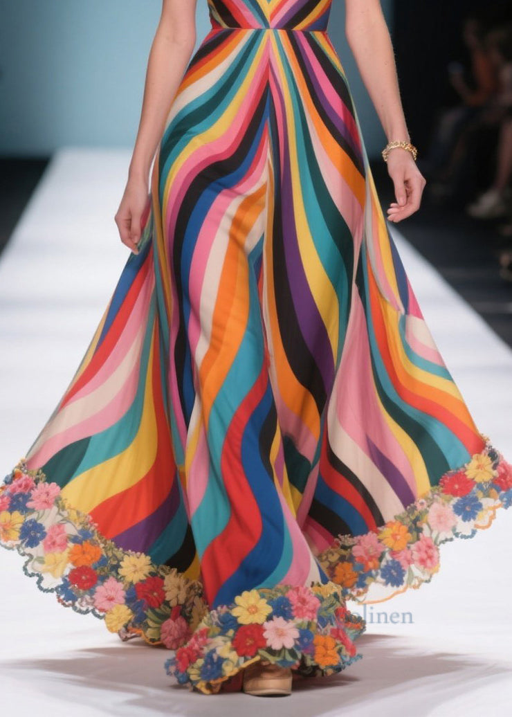 Fitted Multicolour Striped Patchwork Flower Chiffon Beach Dresses Summer